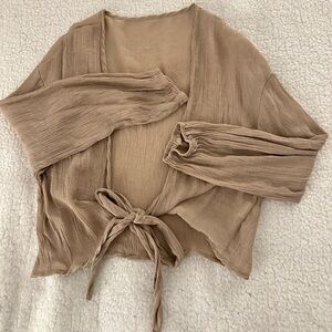 Tan Tie-Front Crop Cover Up —  Small